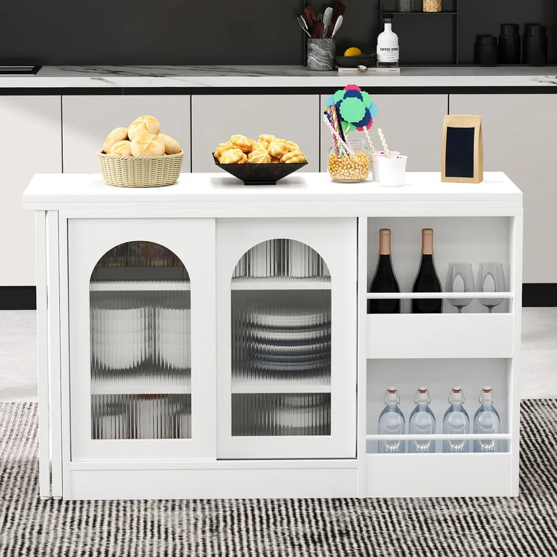 Buffet avec table retratable à 360° avec portes en verre ondulé convertible îlot de cuisine blanc PRAIRIEHAZE