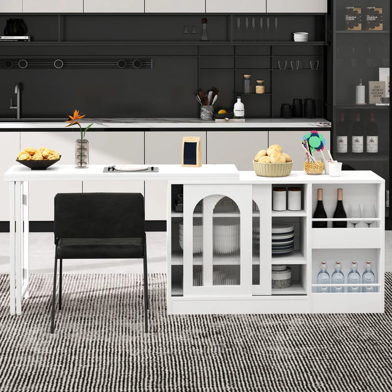 Buffet avec table retratable à 360° avec portes en verre ondulé convertible îlot de cuisine blanc PRAIRIEHAZE