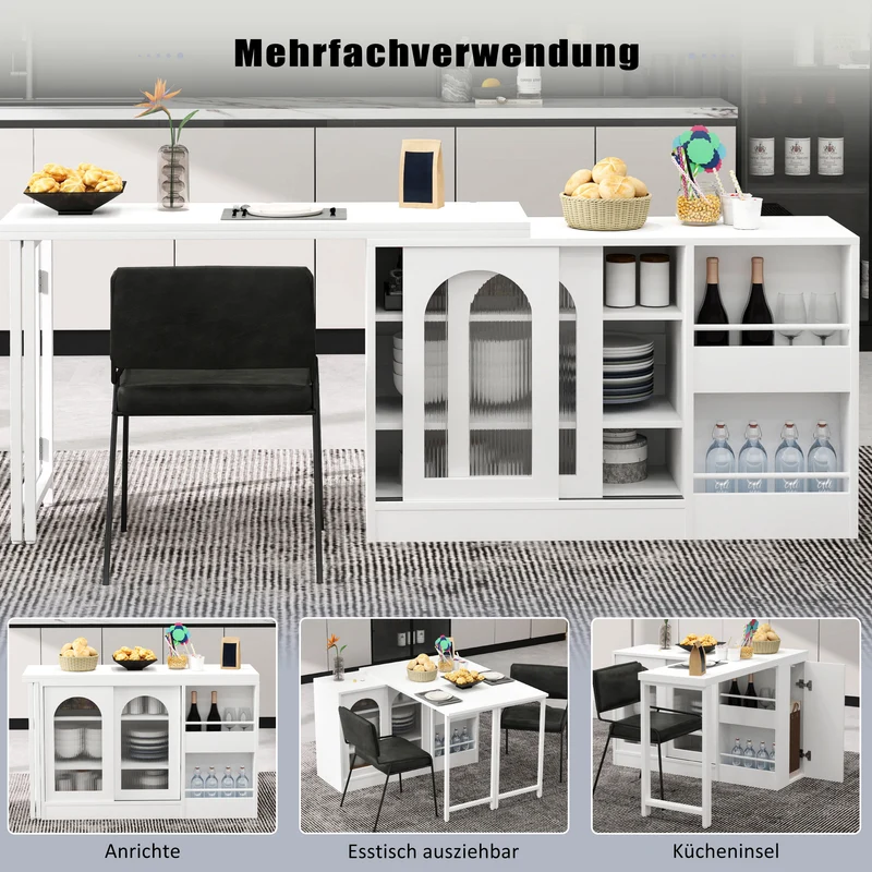 Buffet avec table retratable à 360° avec portes en verre ondulé convertible îlot de cuisine blanc PRAIRIEHAZE