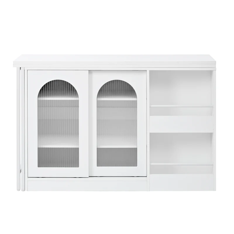 Buffet avec table retratable à 360° avec portes en verre ondulé convertible îlot de cuisine blanc PRAIRIEHAZE