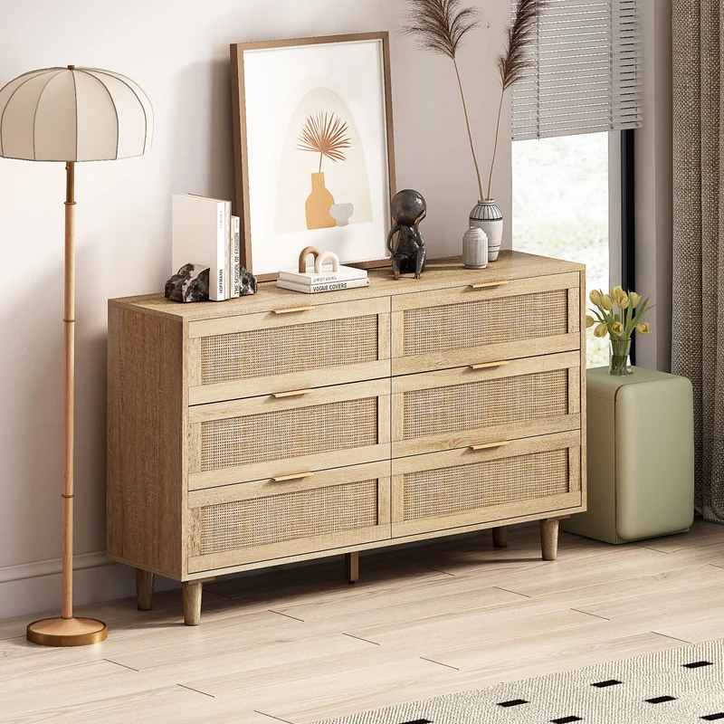 Buffet élégant effet bois 6 tiroirs avec rotin PHOTTU 130 WOOD