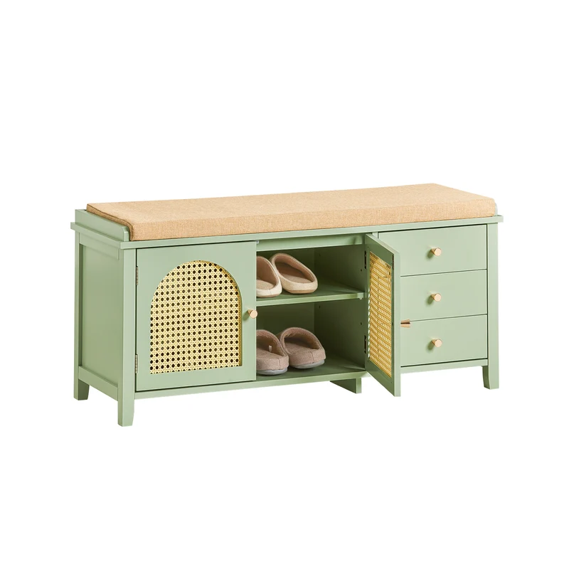 SoBuy FSR129-GR Banc à Chaussures avec Coussin Rembourré, 3 Tiroirs et 2 Portes Grille Ventilées – L100×P34×H46 cm, Charge 150 kg, MDF E1, Vert