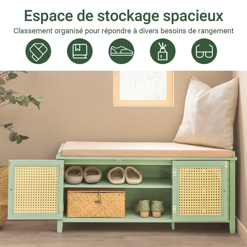 SoBuy FSR129-GR Banc à Chaussures avec Coussin Rembourré, 3 Tiroirs et 2 Portes Grille Ventilées – L100×P34×H46 cm, Charge 150 kg, MDF E1, Vert