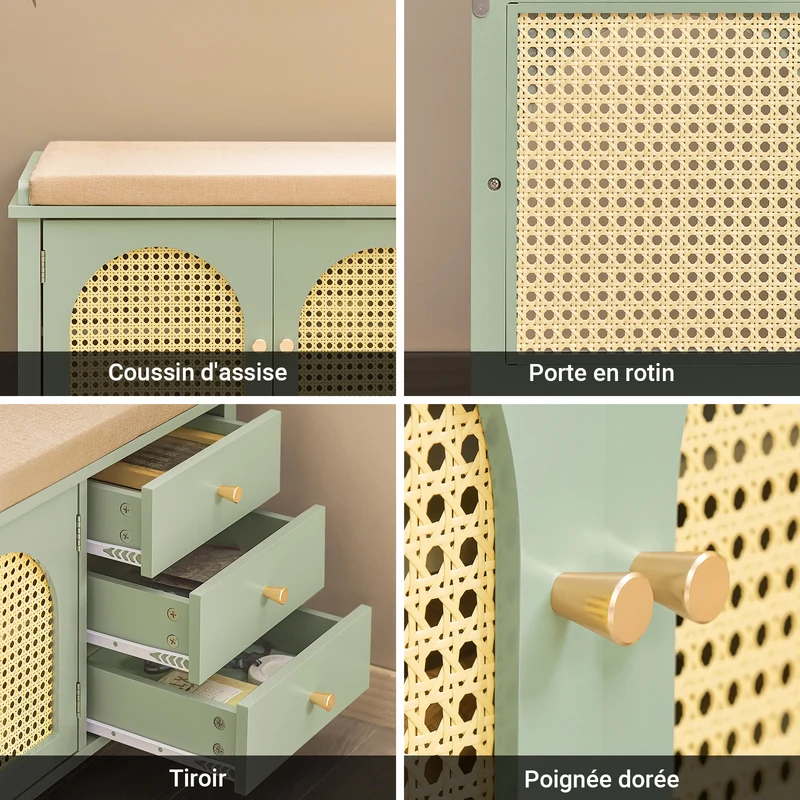 SoBuy FSR129-GR Banc à Chaussures avec Coussin Rembourré, 3 Tiroirs et 2 Portes Grille Ventilées – L100×P34×H46 cm, Charge 150 kg, MDF E1, Vert