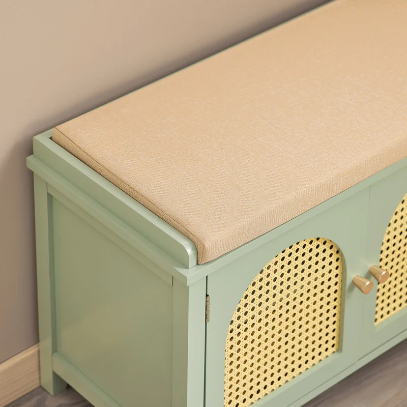 SoBuy FSR129-GR Banc à Chaussures avec Coussin Rembourré, 3 Tiroirs et 2 Portes Grille Ventilées – L100×P34×H46 cm, Charge 150 kg, MDF E1, Vert