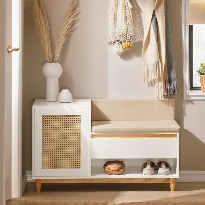 SoBuy FSR128-W Banc à Chaussures 100cm – Coussin Rembourré, Tiroir, Porte Treillis, Pin Massif – Blanc