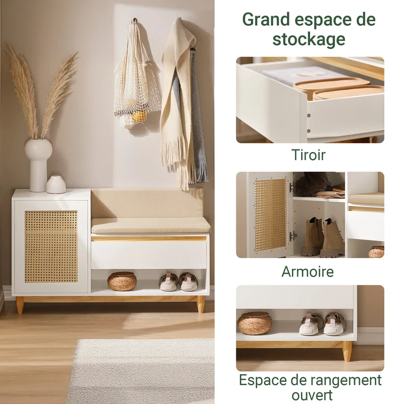 SoBuy FSR128-W Banc à Chaussures 100cm – Coussin Rembourré, Tiroir, Porte Treillis, Pin Massif – Blanc