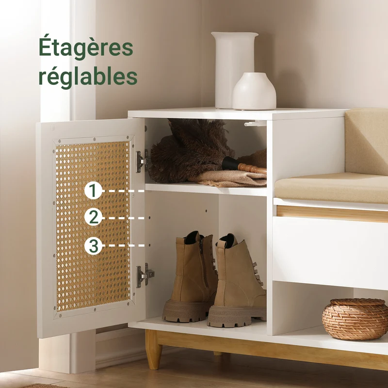 SoBuy FSR128-W Banc à Chaussures 100cm – Coussin Rembourré, Tiroir, Porte Treillis, Pin Massif – Blanc