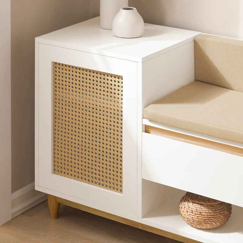 SoBuy FSR128-W Banc à Chaussures 100cm – Coussin Rembourré, Tiroir, Porte Treillis, Pin Massif – Blanc