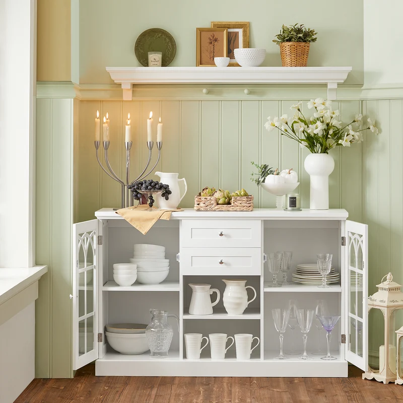 SoBuy FSB79-W Buffet Cuisine avec 2 Portes Vitrées, 2 Tiroirs et 2 Compartiments, pour Cuisine et Salle à Manger, Rangement Optimisé – L120×P39×H78 cm, Blanc