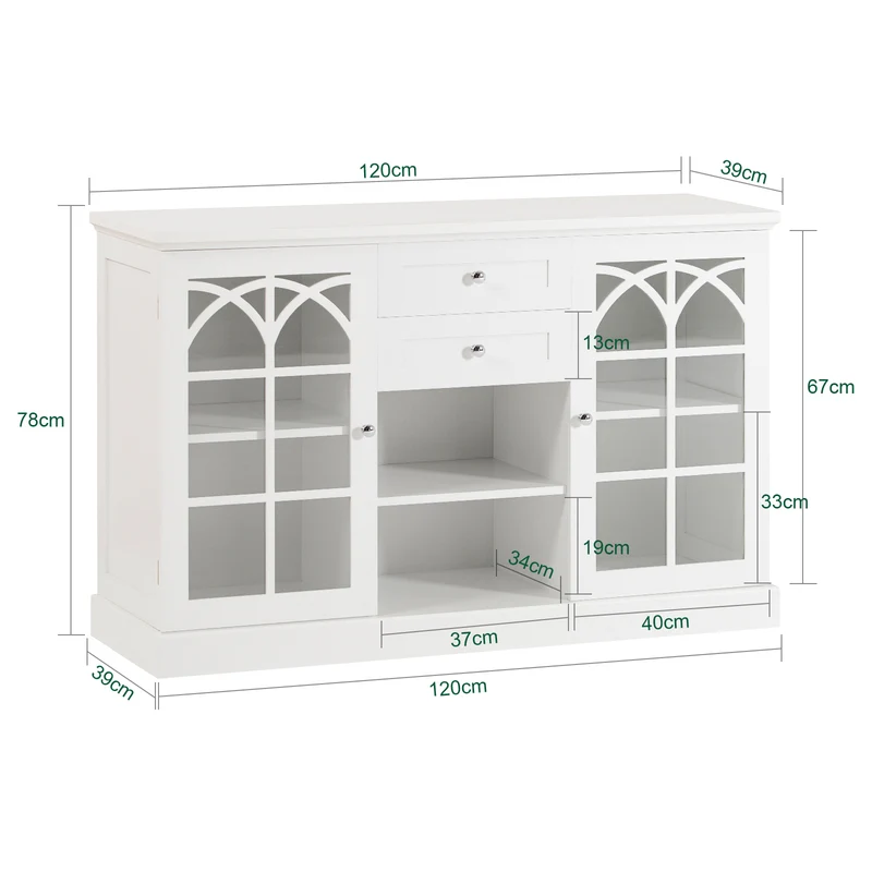 SoBuy FSB79-W Buffet Cuisine avec 2 Portes Vitrées, 2 Tiroirs et 2 Compartiments, pour Cuisine et Salle à Manger, Rangement Optimisé – L120×P39×H78 cm, Blanc