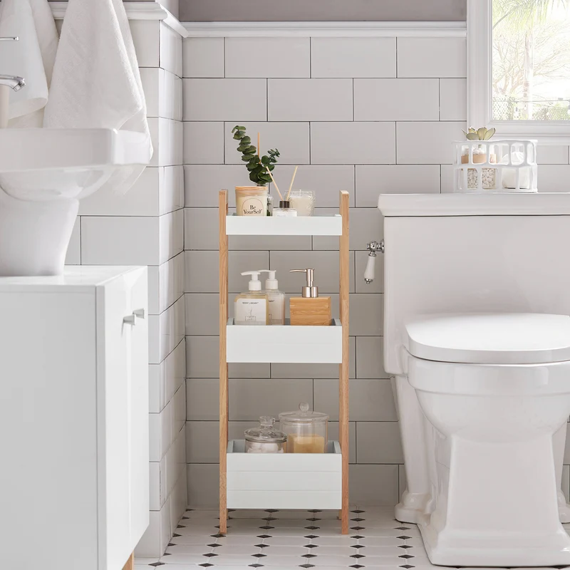 SoBuy FRG226-WN Tour de rangement salle de bain 20 cm avec 3 paniers – Blanc et bois
