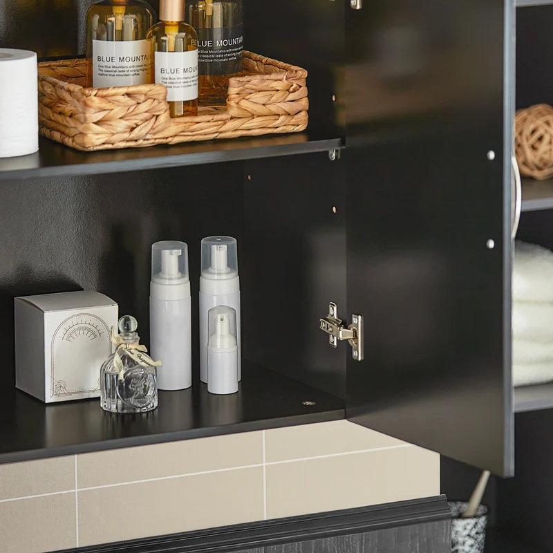 SoBuy FRG231-SCH Meuble Haut Salle de Bain Suspendu Armoire Murale avec Étagère Réglable et Porte Rangement Mural Compact pour Salle de Bain, WC ou Cuisine Noir L60xP30xH60 cm