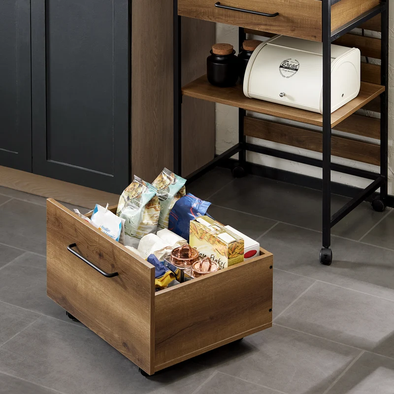 SoBuy FKW118-PF Desserte de Cuisine à roulettes – Chariot de Rangement avec 2 Tiroirs et Étagère, Petit Meuble Cuisine Bas Industriel en Acier, 60x45x90cm
