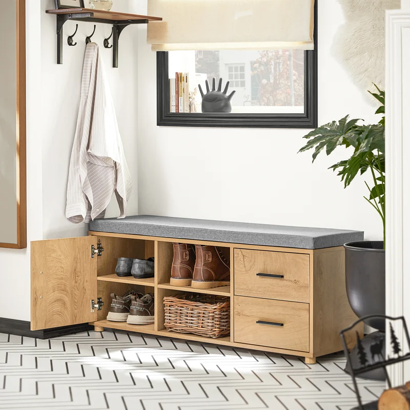 SoBuy FSR148-N Banc à Chaussures avec Coussin Rembourré 4 cm – 2 Tiroirs, 1 Porte, 6 Pieds Hévéa – 110×35×47 cm, Naturel