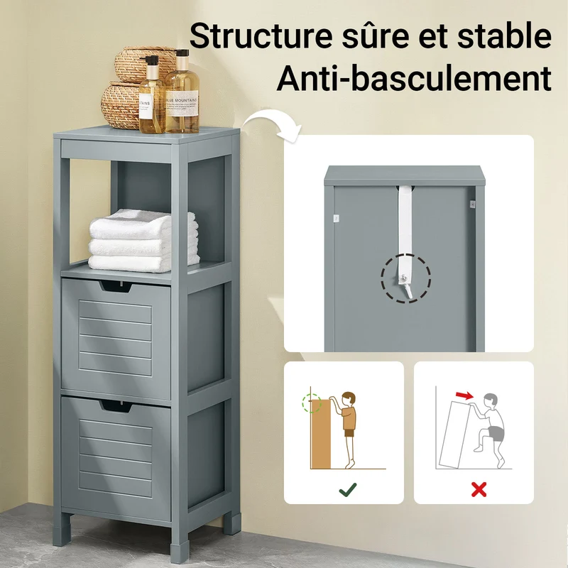 SoBuy FRG127-SG Colonne Salle de Bain avec 2 Paniers, Format Compact, Design Moderne, pour Salle de Bain et WC, Rangement Optimisé – L30×P30×H89 cm, Bois, Gris