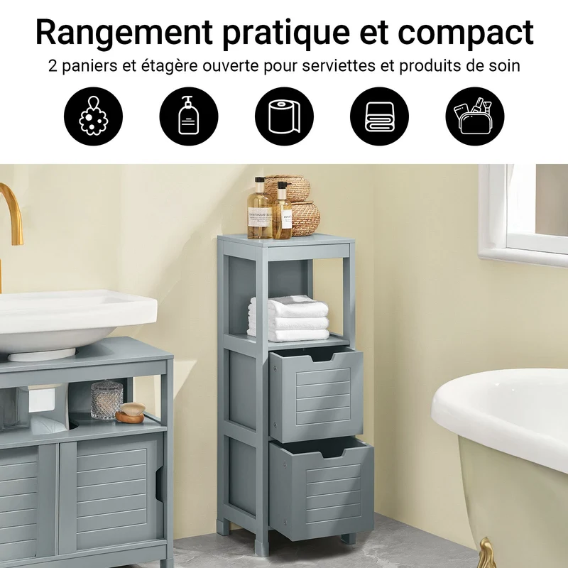 SoBuy FRG127-SG Colonne Salle de Bain avec 2 Paniers, Format Compact, Design Moderne, pour Salle de Bain et WC, Rangement Optimisé – L30×P30×H89 cm, Bois, Gris
