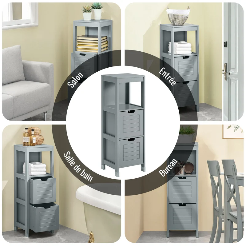 SoBuy FRG127-SG Colonne Salle de Bain avec 2 Paniers, Format Compact, Design Moderne, pour Salle de Bain et WC, Rangement Optimisé – L30×P30×H89 cm, Bois, Gris