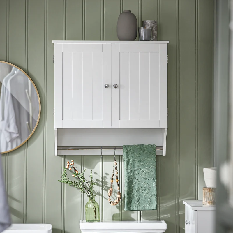 SoBuy BZR84-W Armoire Murale de Salle de Bain – 60×30×60 cm, Étagères Réglables et Barre à Serviettes, Blanc