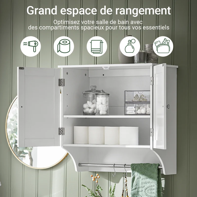SoBuy BZR84-W Armoire Murale de Salle de Bain – 60×30×60 cm, Étagères Réglables et Barre à Serviettes, Blanc