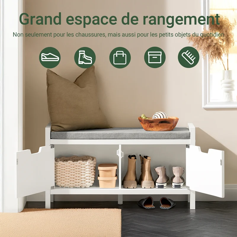 SoBuy FSR63-II-W Banc à Chaussures avec Coussin Rembourré et 2 Portes, Meuble d'Entrée – 91x30x50 cm, Blanc