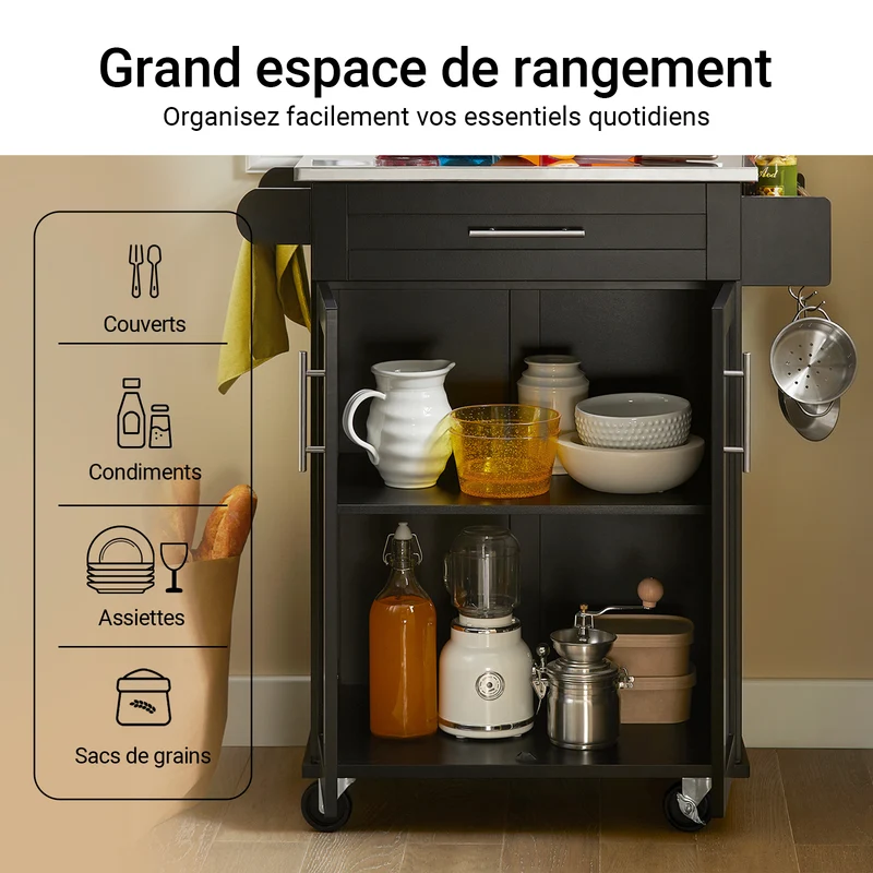 SoBuy FKW110-SCH Desserte de Cuisine à Roulettes – Plan de Travail Inox, Tiroir et Placard, 4 Roulettes dont 2 Freinées, Noir