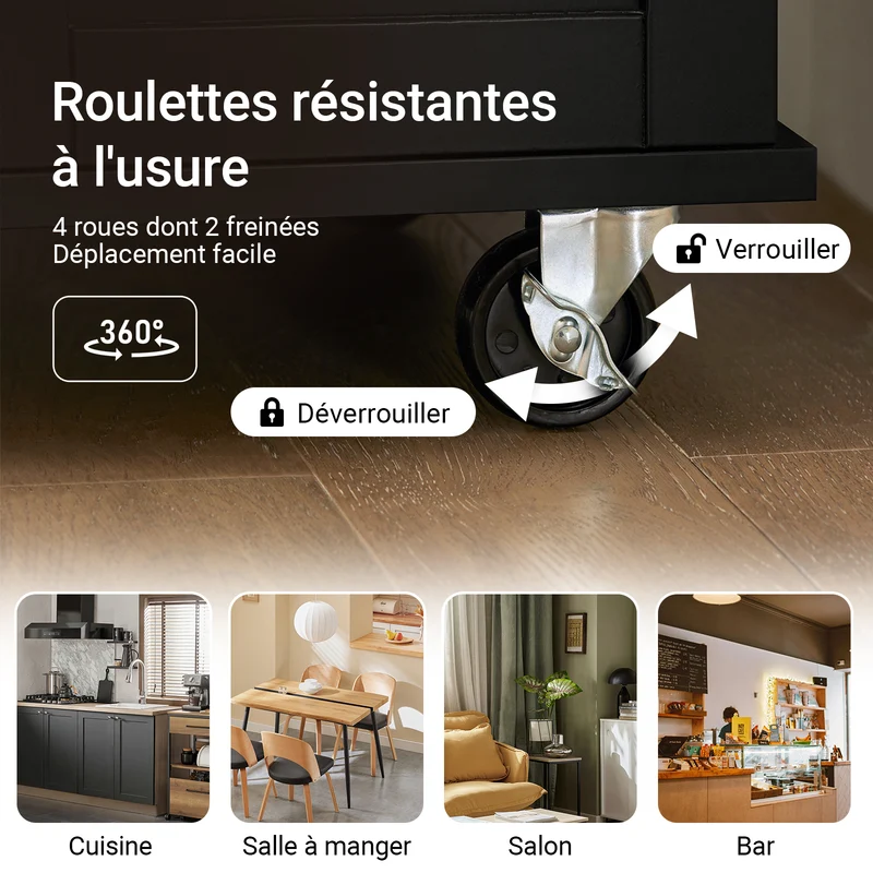 SoBuy FKW110-SCH Desserte de Cuisine à Roulettes – Plan de Travail Inox, Tiroir et Placard, 4 Roulettes dont 2 Freinées, Noir