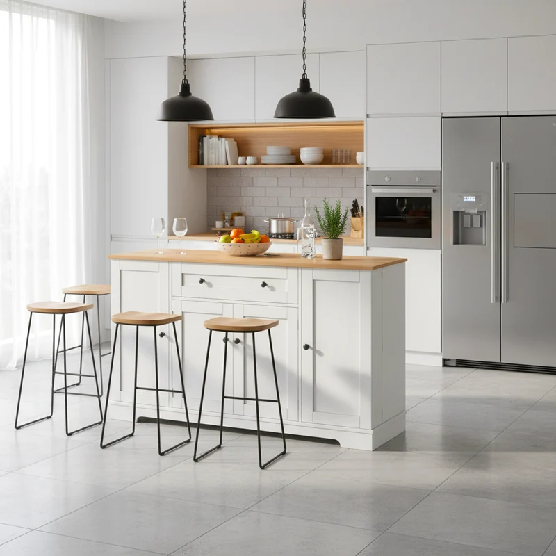 Buffet de cuisine blanc et effet bois 1 tiroir et 4 portes, étagères réglables LIGNIN