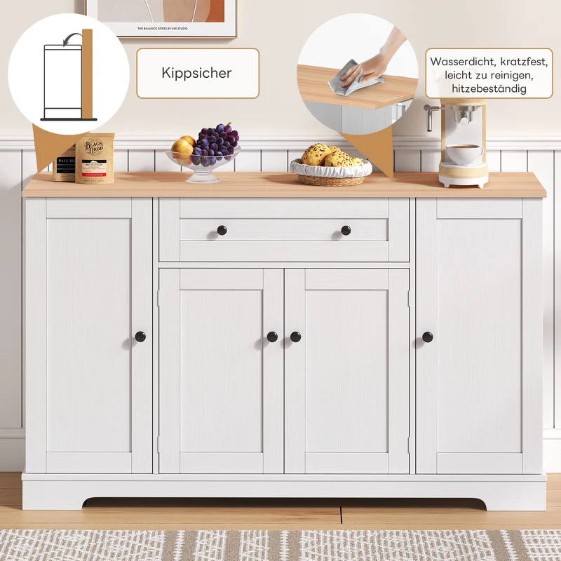 Buffet de cuisine blanc et effet bois 1 tiroir et 4 portes, étagères réglables LIGNIN