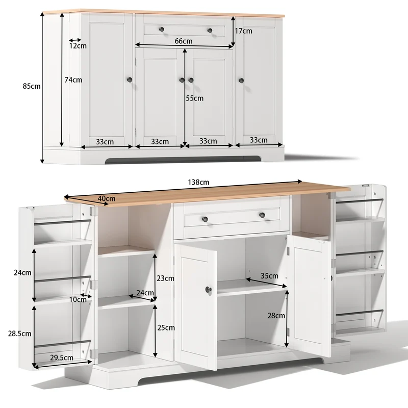 Buffet de cuisine blanc et effet bois 1 tiroir et 4 portes, étagères réglables LIGNIN
