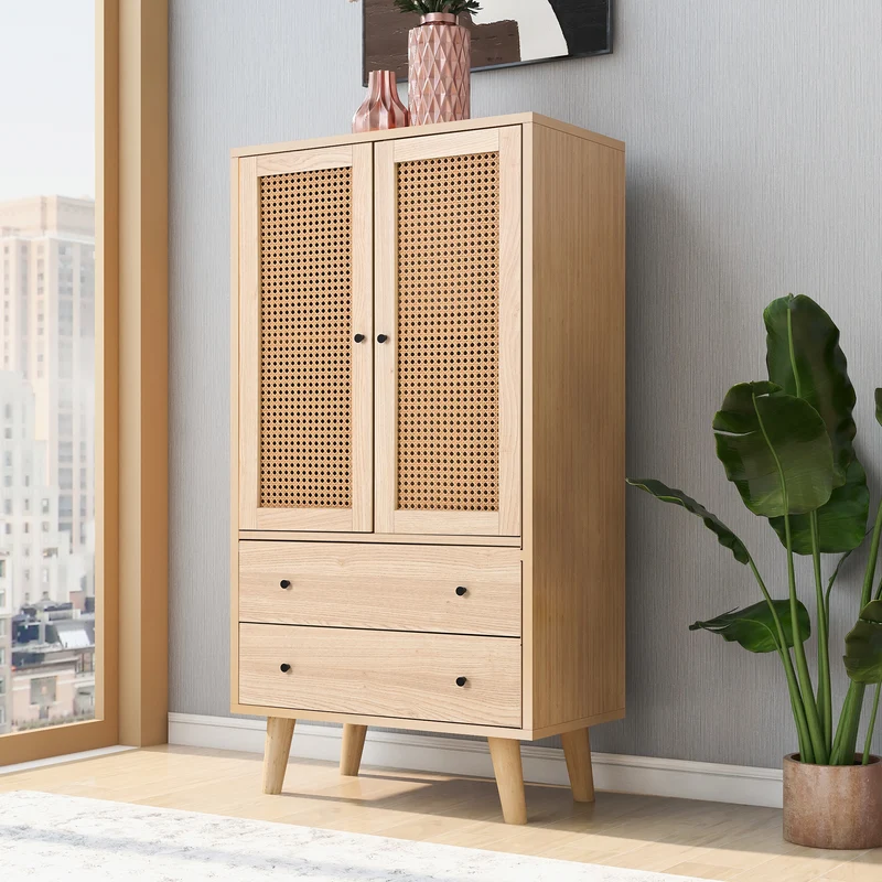 Buffet effet bois portes et 2 tiroirs en rotin, pieds en bois massif FENMUCK