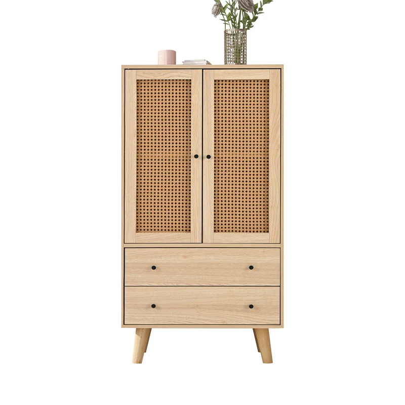 Buffet effet bois portes et 2 tiroirs en rotin, pieds en bois massif FENMUCK
