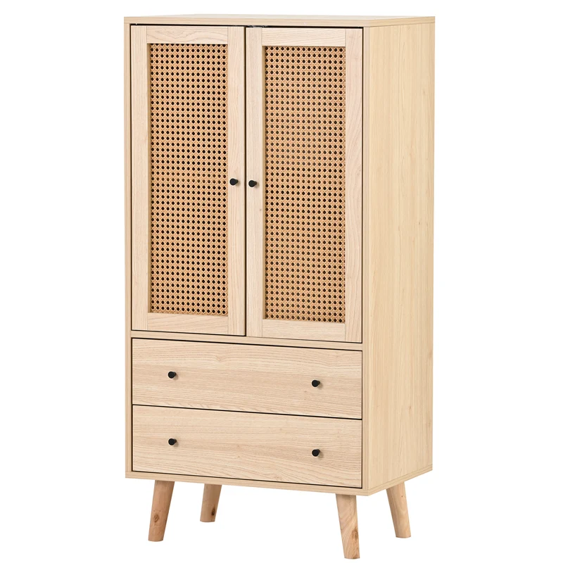 Buffet effet bois portes et 2 tiroirs en rotin, pieds en bois massif FENMUCK