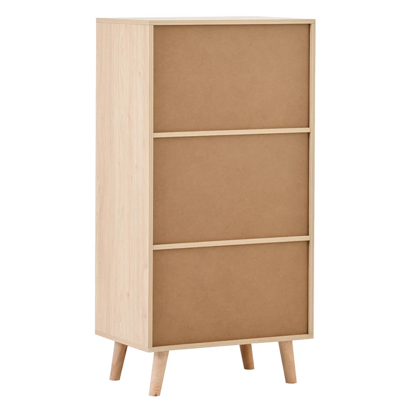 Buffet effet bois portes et 2 tiroirs en rotin, pieds en bois massif FENMUCK