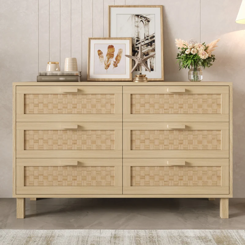 Buffet effet bois naturel 6 tiroirs en rotin FERNVALE