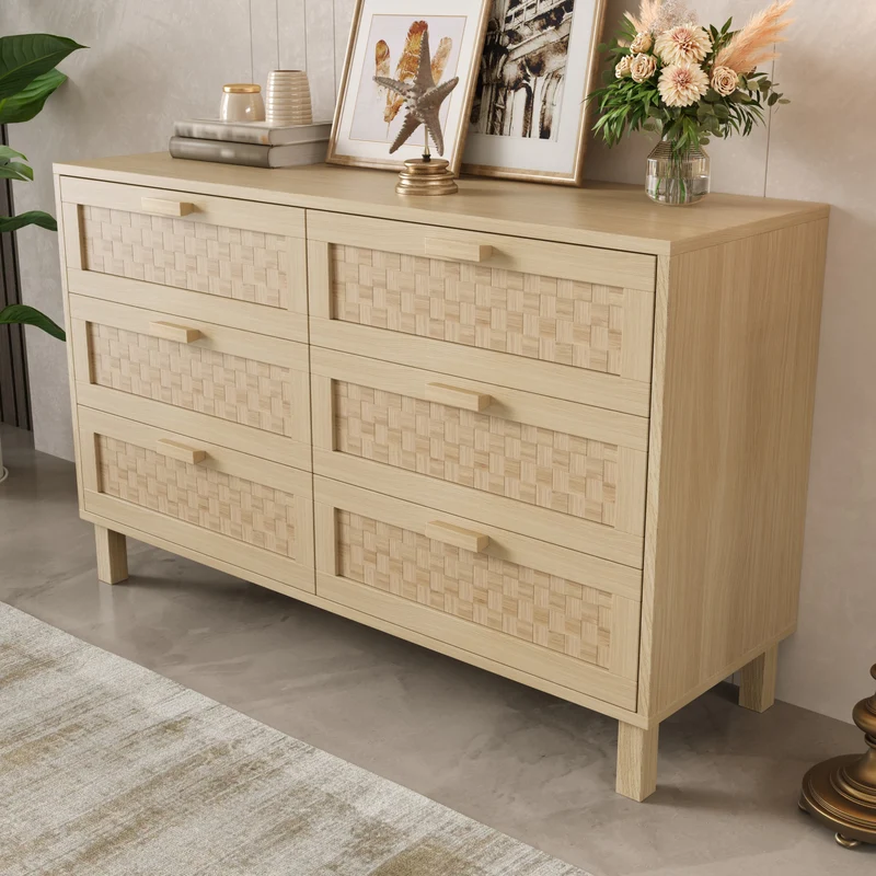 Buffet effet bois naturel 6 tiroirs en rotin FERNVALE