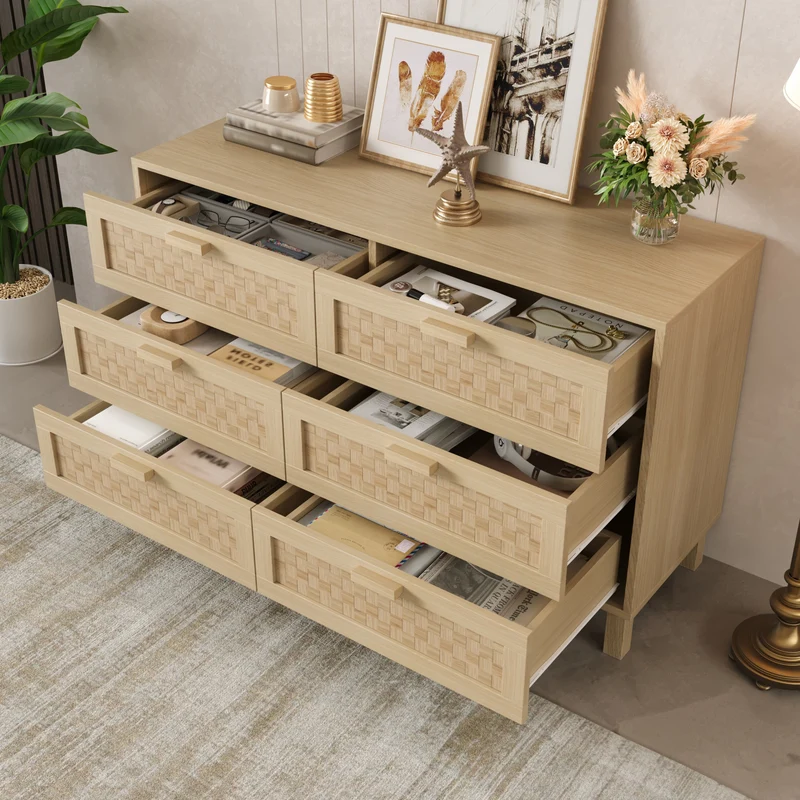 Buffet effet bois naturel 6 tiroirs en rotin FERNVALE