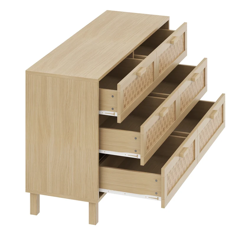 Buffet effet bois naturel 6 tiroirs en rotin FERNVALE
