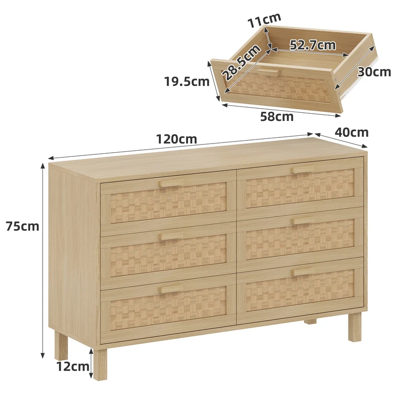 Buffet effet bois naturel 6 tiroirs en rotin FERNVALE