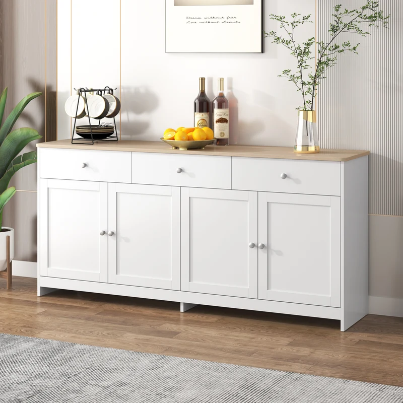 Buffet blanc et effet bois 4 portes 3 tiroirs 160*37*75cm STAANKIL