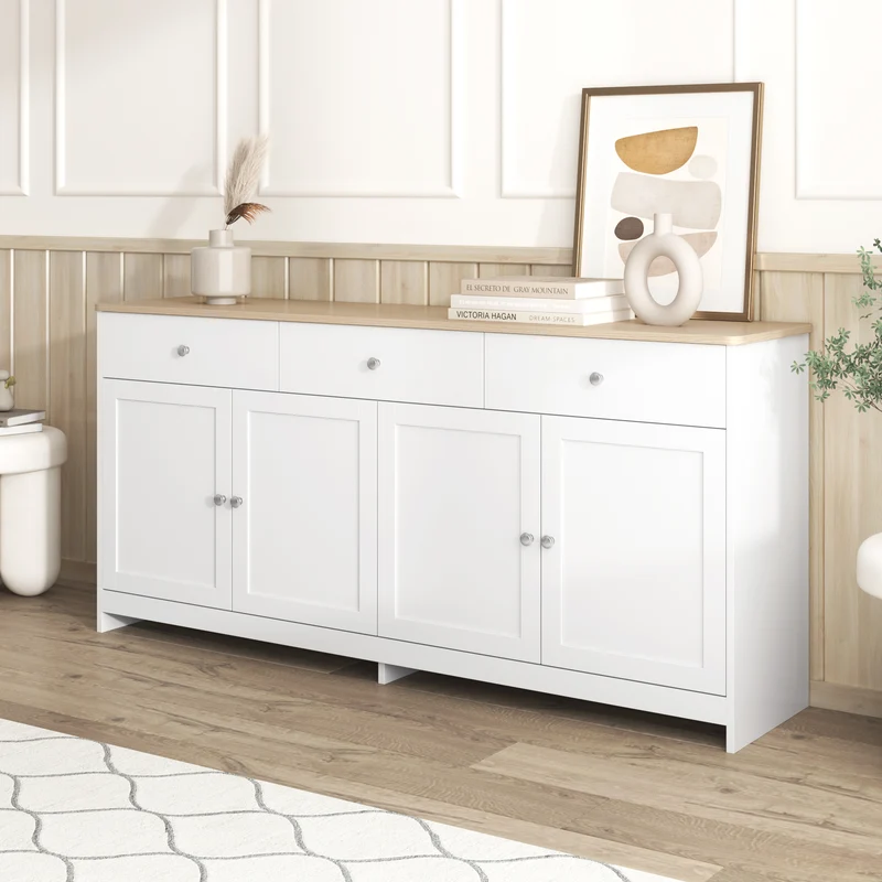 Buffet blanc et effet bois 4 portes 3 tiroirs 160*37*75cm STAANKIL