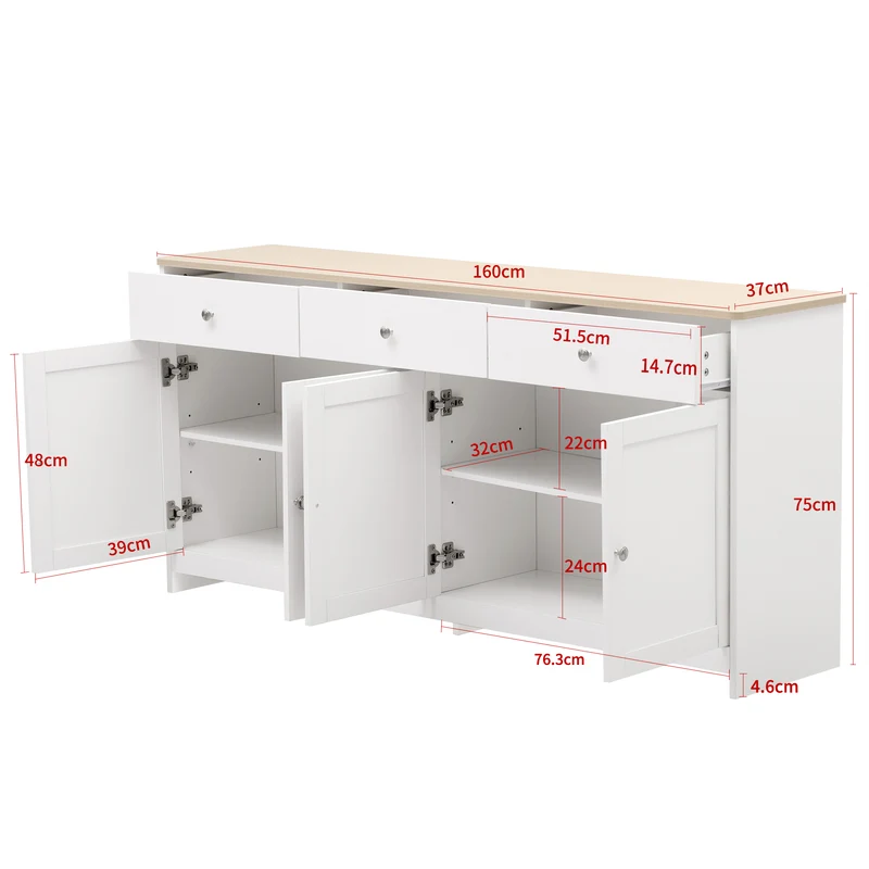 Buffet blanc et effet bois 4 portes 3 tiroirs 160*37*75cm STAANKIL