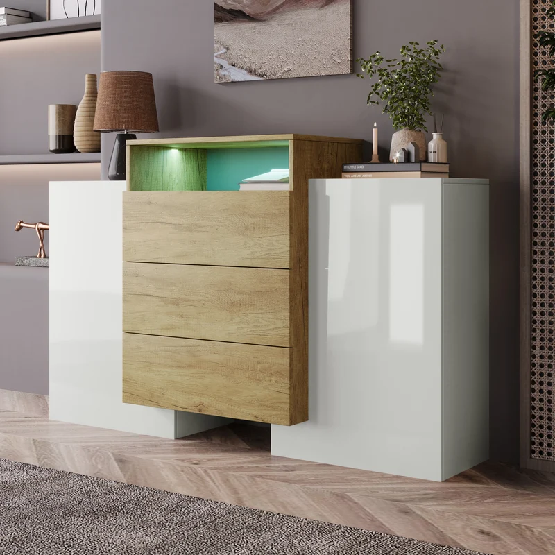 Buffet moderne blanc brillant et effet bois 2 portes, niche, 3 tiroirs avec éclairage LED VRASUK