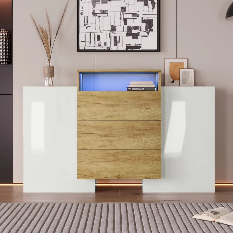 Buffet moderne blanc brillant et effet bois 2 portes, niche, 3 tiroirs avec éclairage LED VRASUK