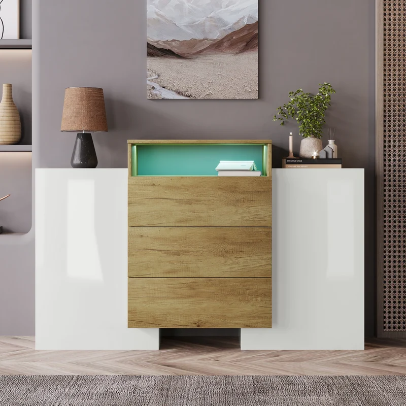 Buffet moderne blanc brillant et effet bois 2 portes, niche, 3 tiroirs avec éclairage LED VRASUK