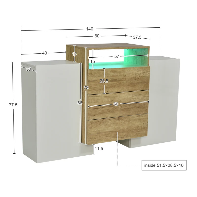 Buffet moderne blanc brillant et effet bois 2 portes, niche, 3 tiroirs avec éclairage LED VRASUK
