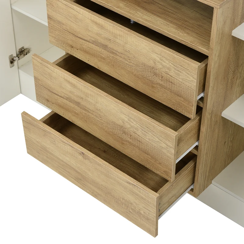 Buffet moderne blanc brillant et effet bois 2 portes, niche, 3 tiroirs avec éclairage LED VRASUK