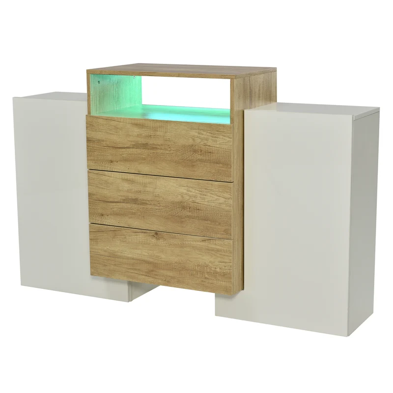 Buffet moderne blanc brillant et effet bois 2 portes, niche, 3 tiroirs avec éclairage LED VRASUK