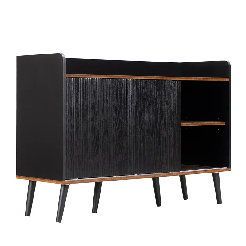 Buffet élégant vintage effet bois noyer et noir avec 2 portes coulissantes VEKAID BLACK