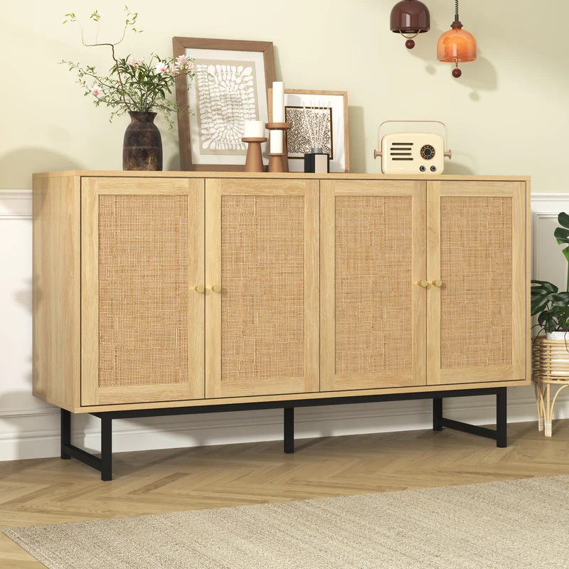 Buffet naturelle effet bois 4 portes en rotin 140*39*80cm STIQNOID